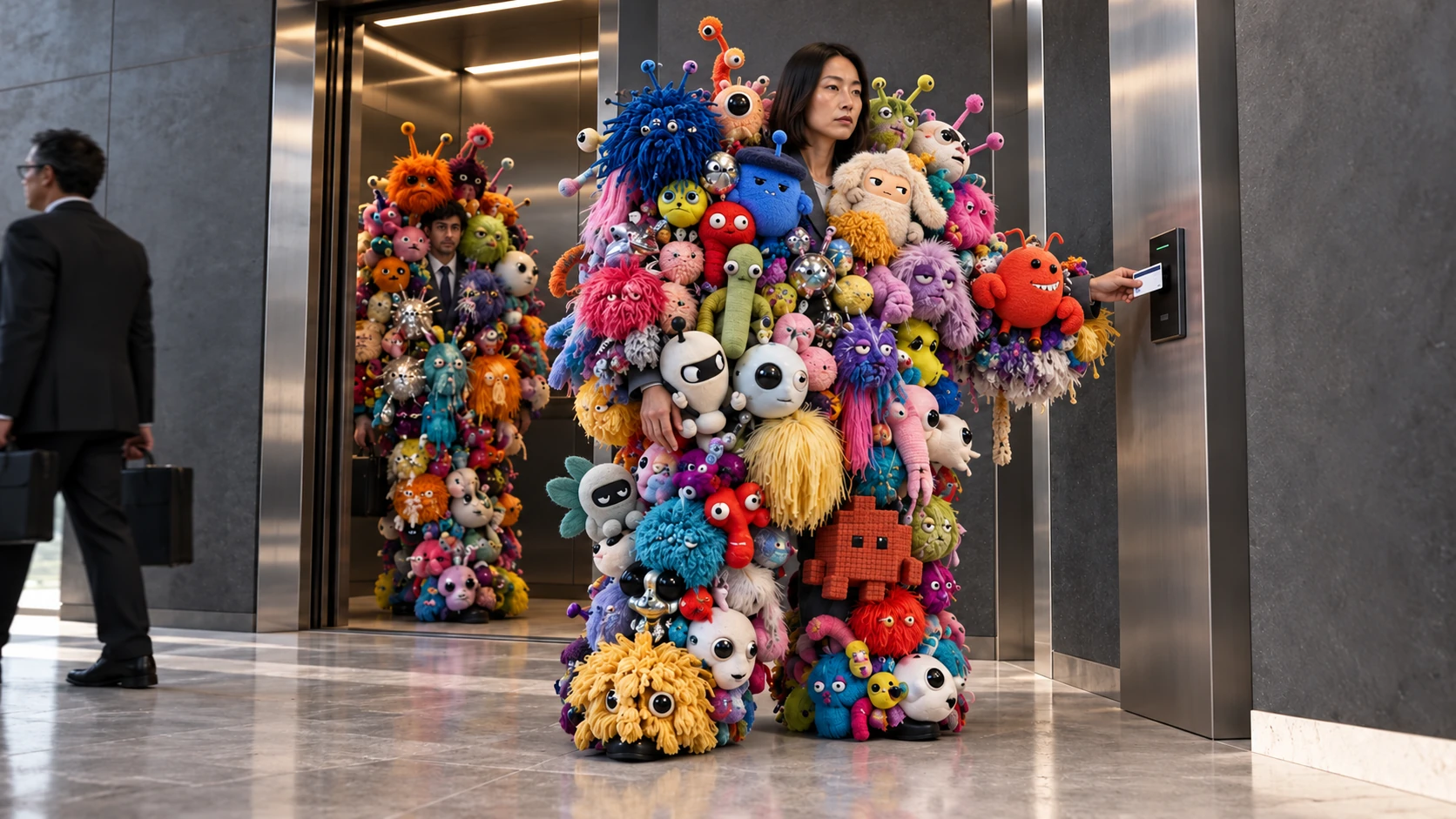A woman covered in colourful agents swipes her office badge.