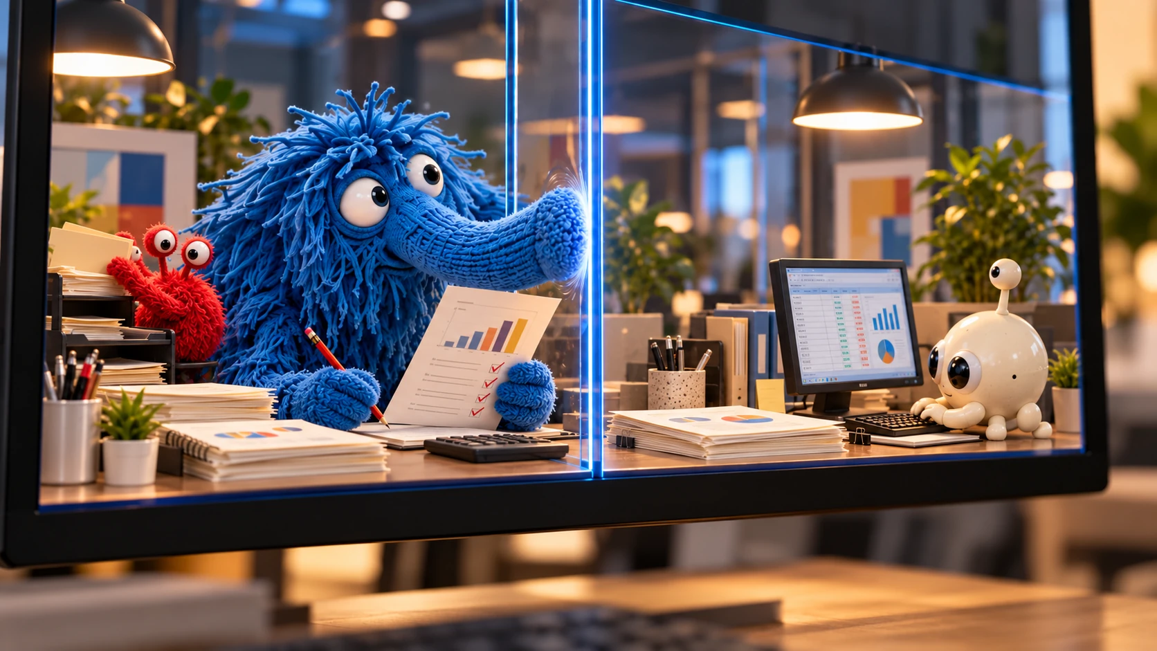 Three agents check reports, file folders and work on a spreadsheet in separate workspaces.
