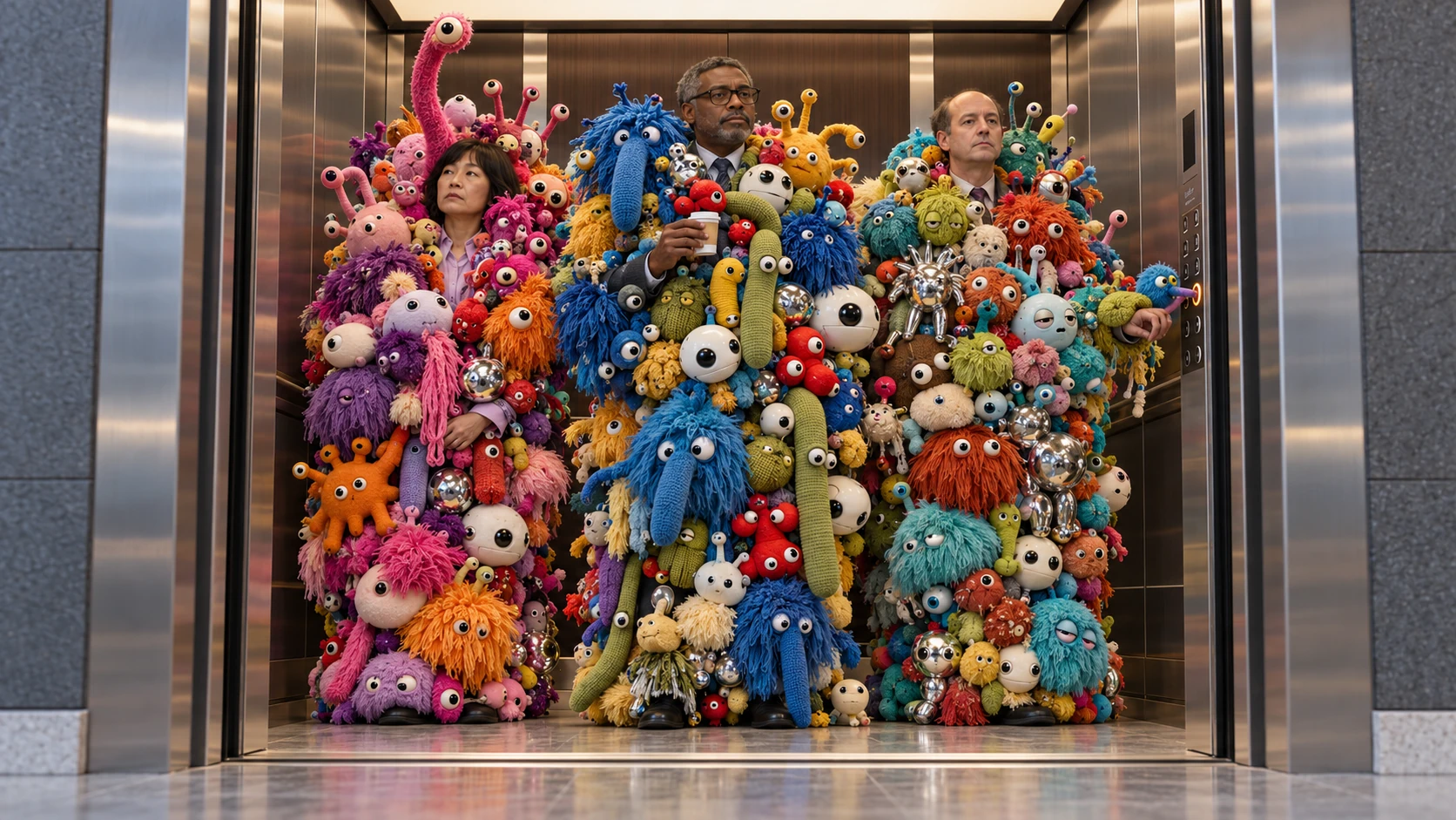 Three coworkers stand in a lift, each covered in agents.