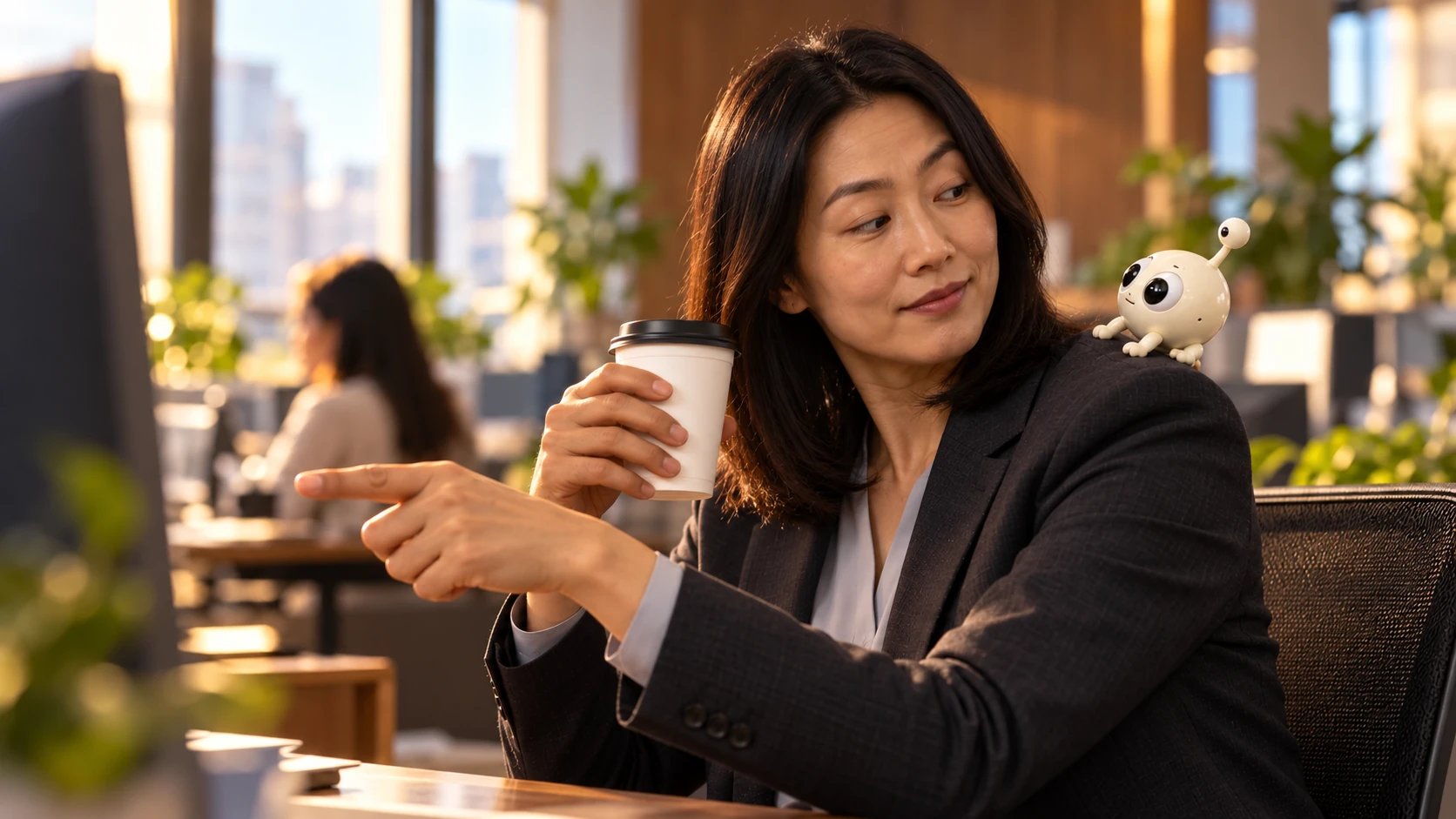 The woman points her last agent towards the computer.