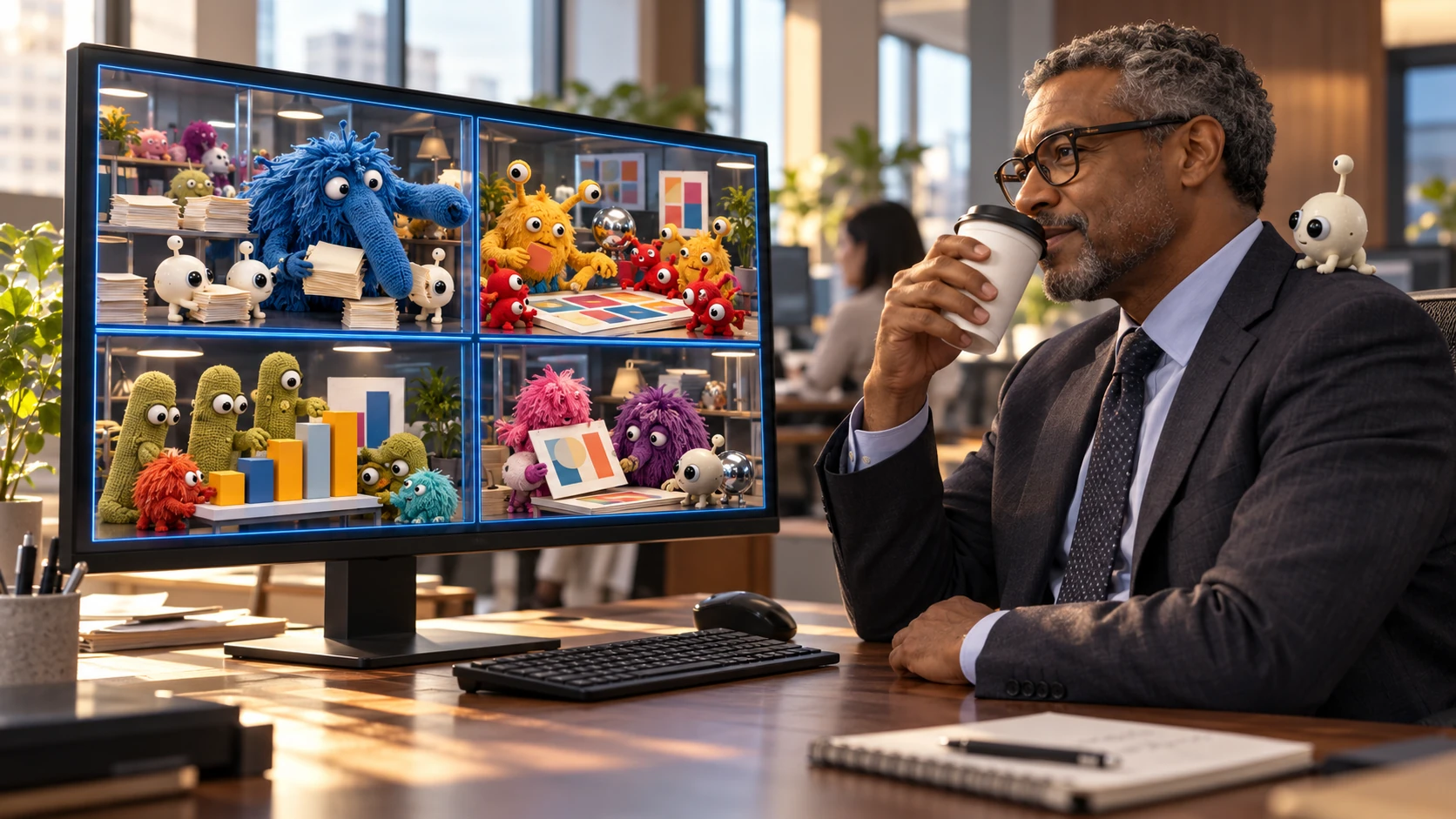 A man drinks coffee while his agents work in separate spaces inside his computer.
