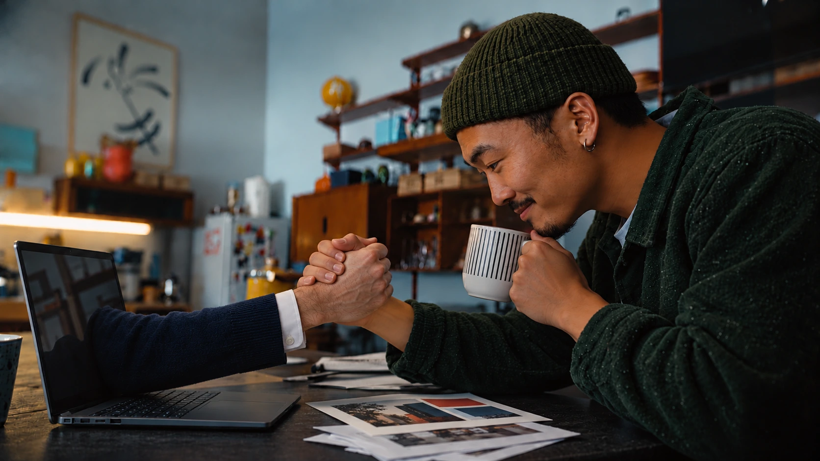 A man greets his agent over coffee.