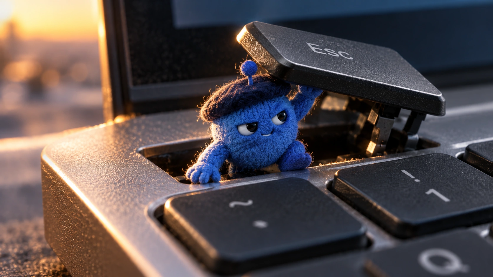 A tiny blue agent lifts a laptop’s Esc key and checks whether the coast is clear.