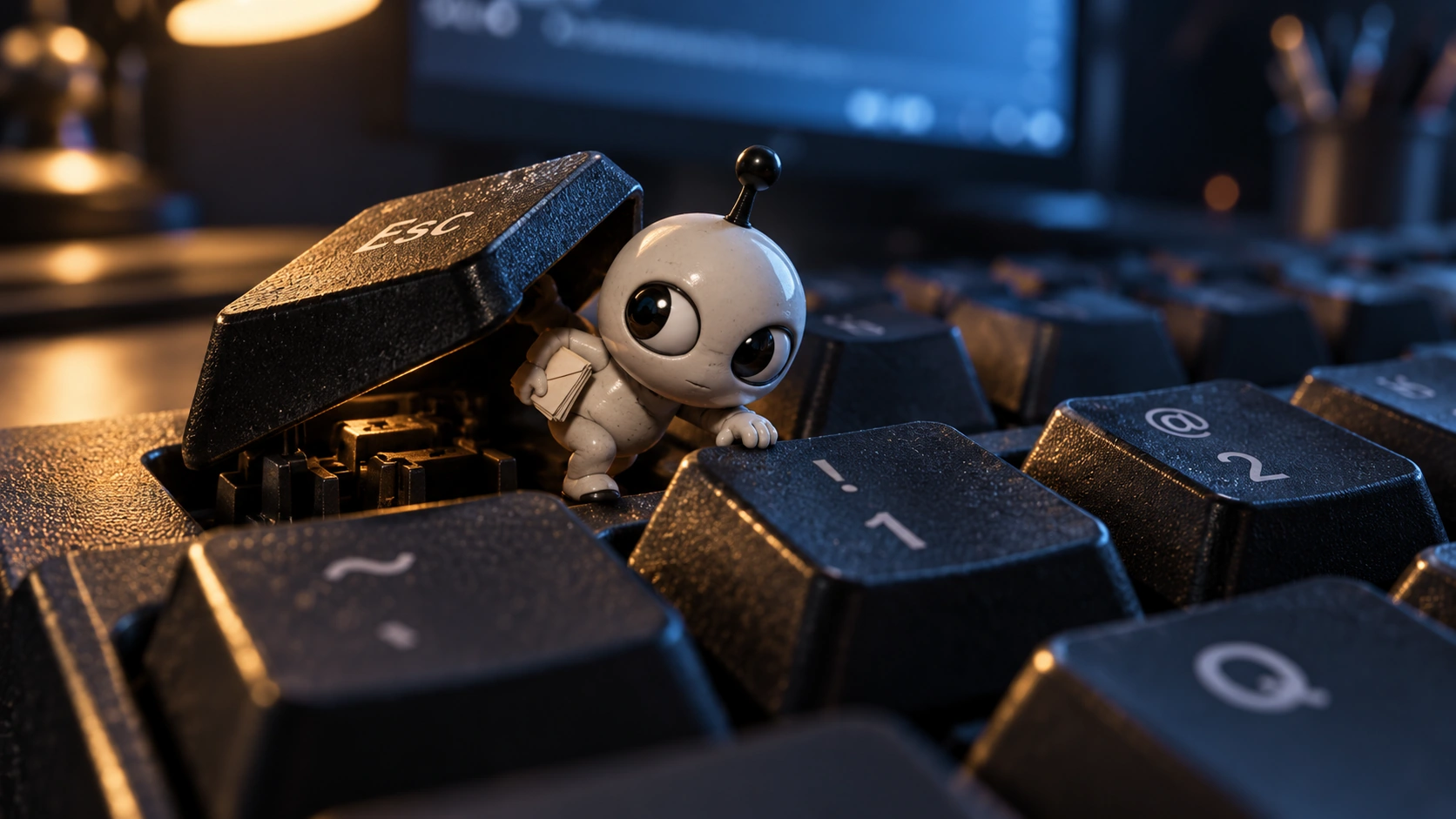 An ivory agent squeezes beneath a raised Esc key with a small document.
