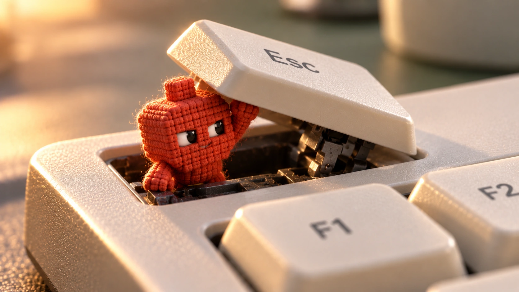 A knitted orange pixel agent struggles to push up an ivory Esc key.