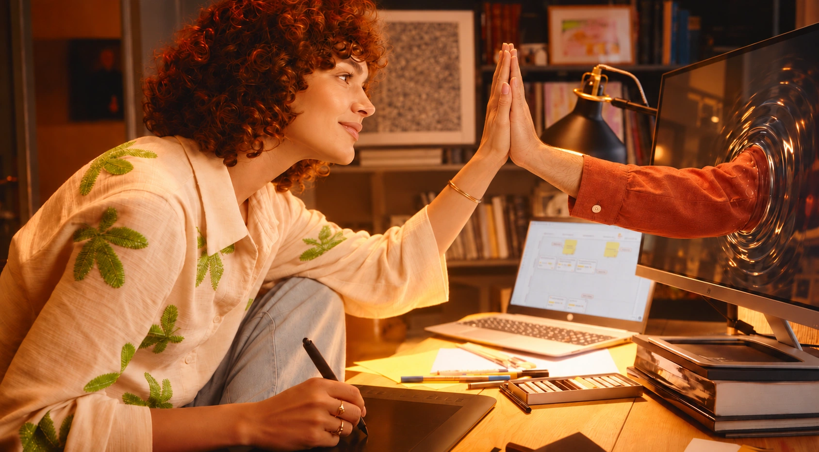 An illustrator greets the hand reaching through her screen.