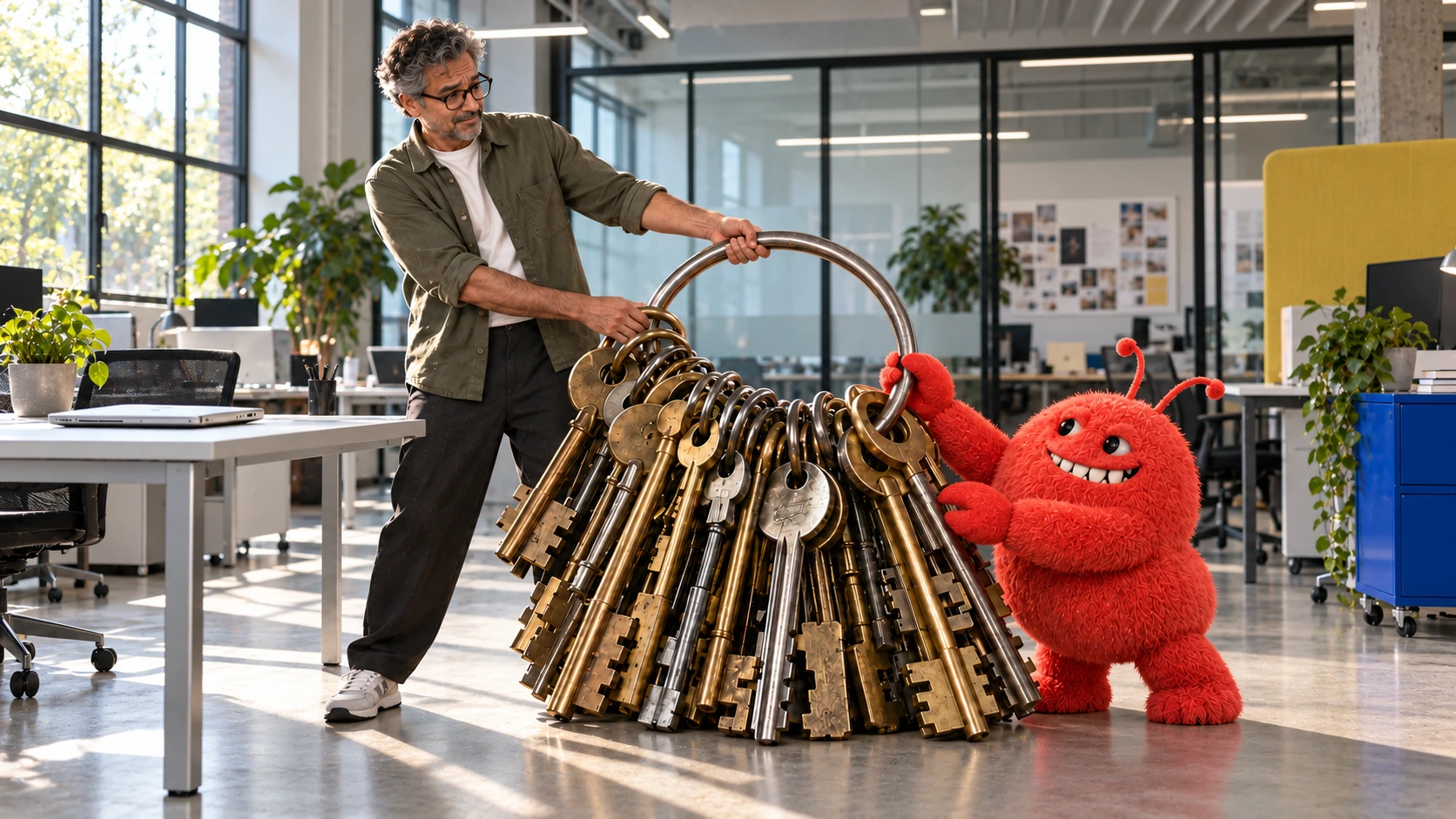 A hesitant worker hands a delighted red agent an enormous ring holding dozens of keys.