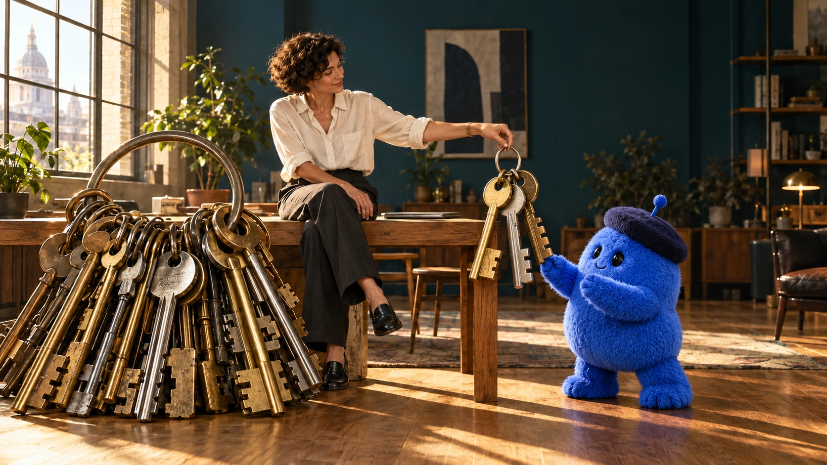 A woman hands a blue agent three oversized keys while keeping the enormous master ring beside her.