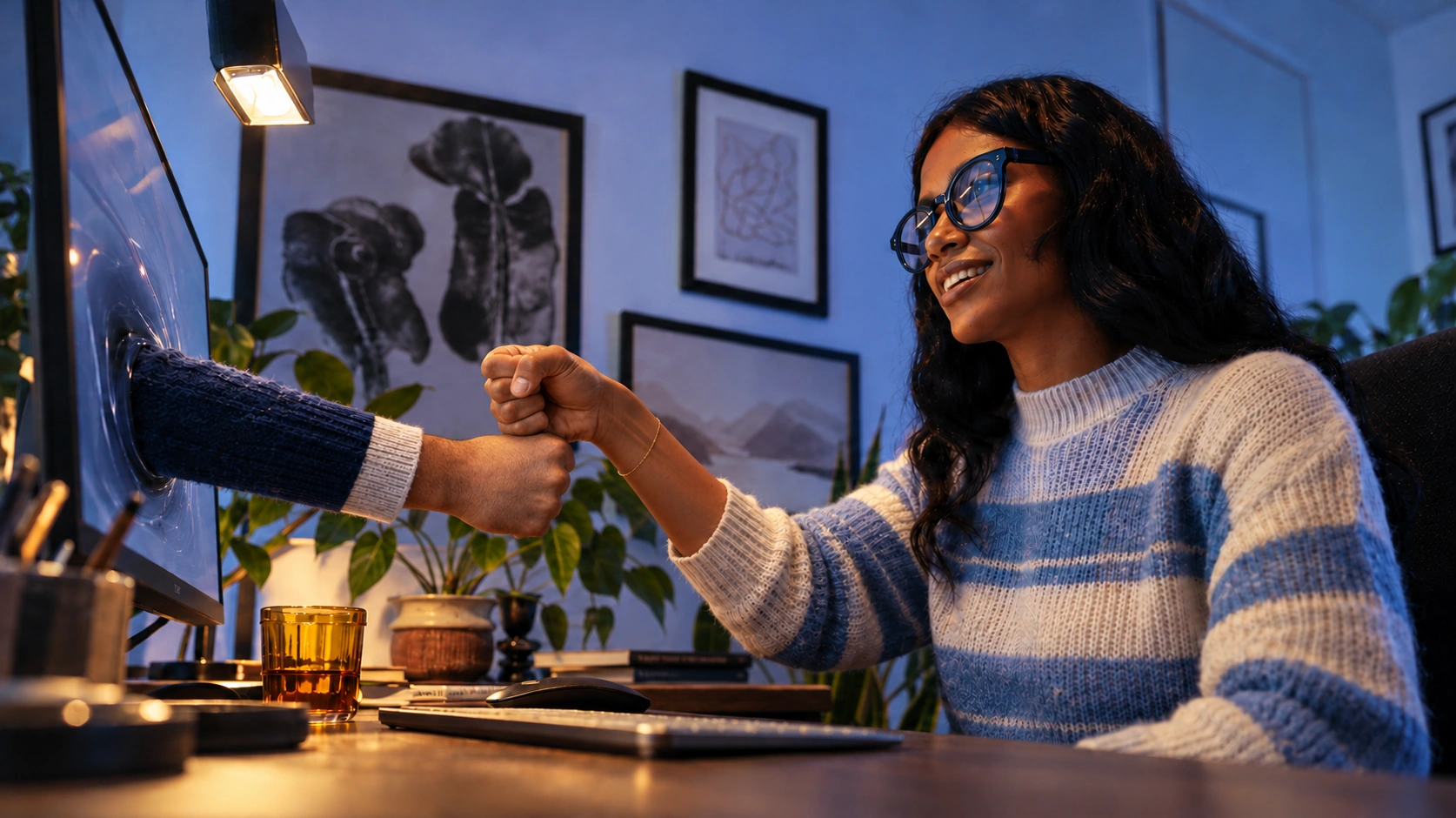 A woman in blue glasses taps her fist onto her agent’s fist as its arm reaches through her screen.