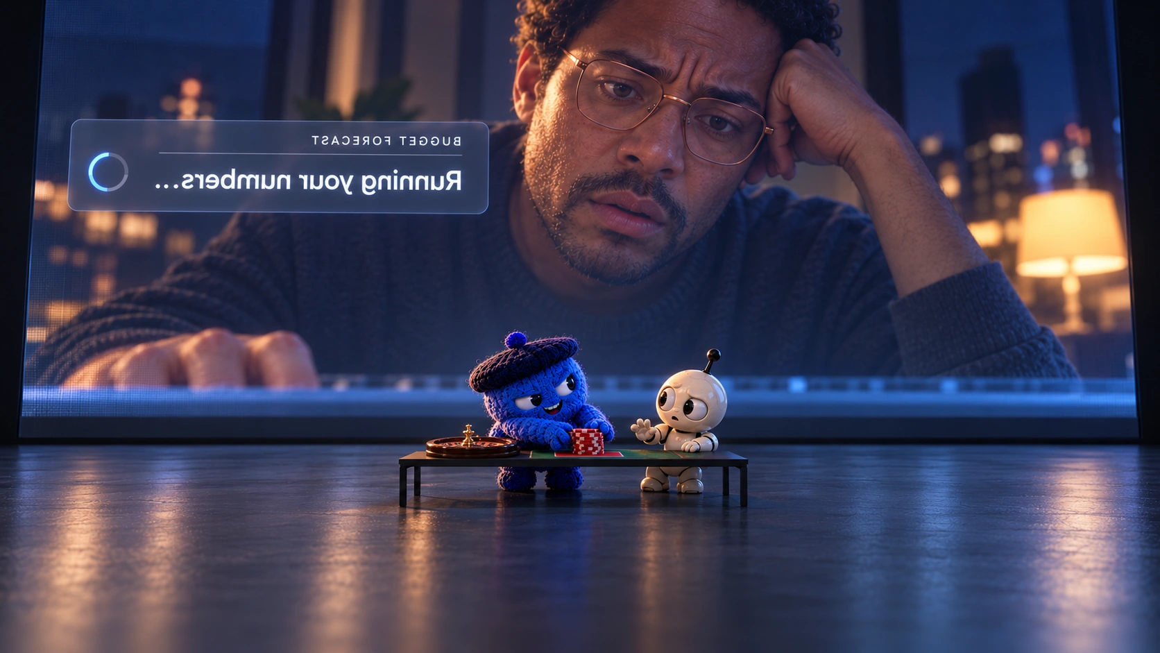 In a minimal room, two agents play roulette at a small table close to a giant screen. A tired man waits at night beneath the mirrored message Running your numbers.