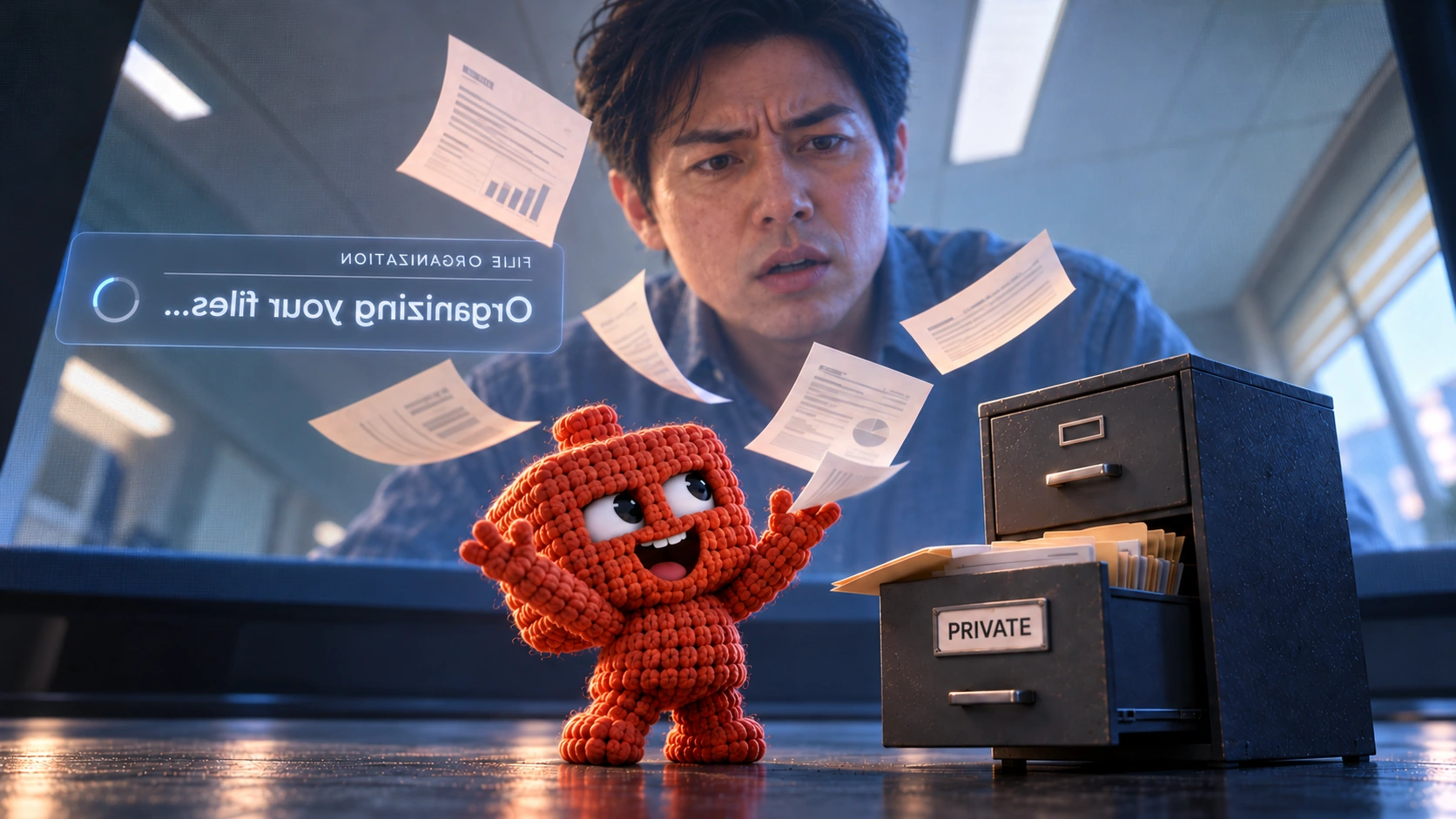 An orange knitted agent throws private documents into the air beside an open cabinet. A worried man fills the screen behind it. The status message is mirrored, facing the human.
