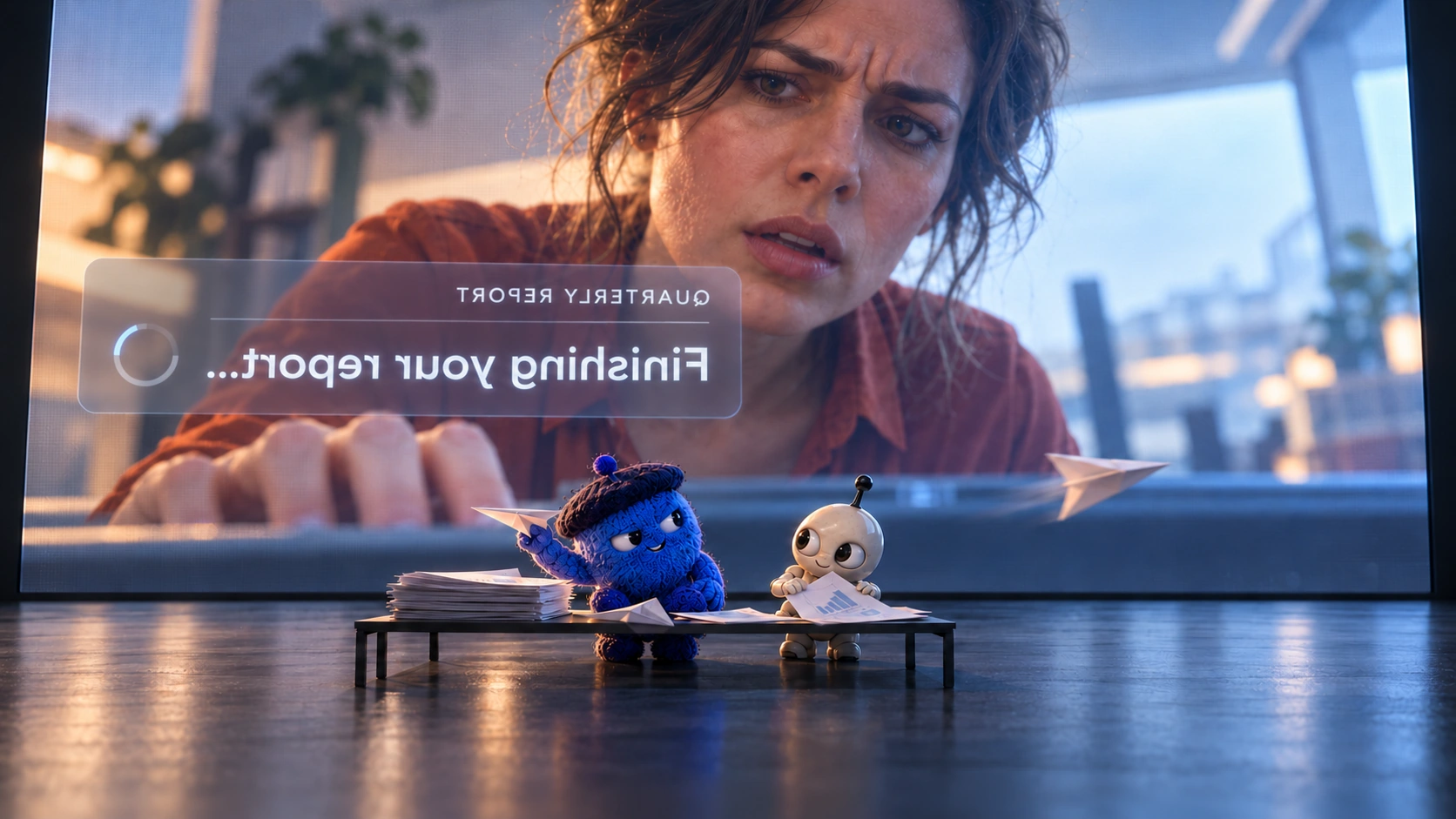 Two small agents make paper planes beneath a giant screen showing a worried woman. The mirrored screen message says Finishing your report.